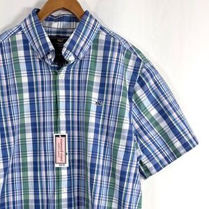 NWT Vineyard Vines Whale Shirt Blue Green Plaid Short Sleeve Button Down Mens L